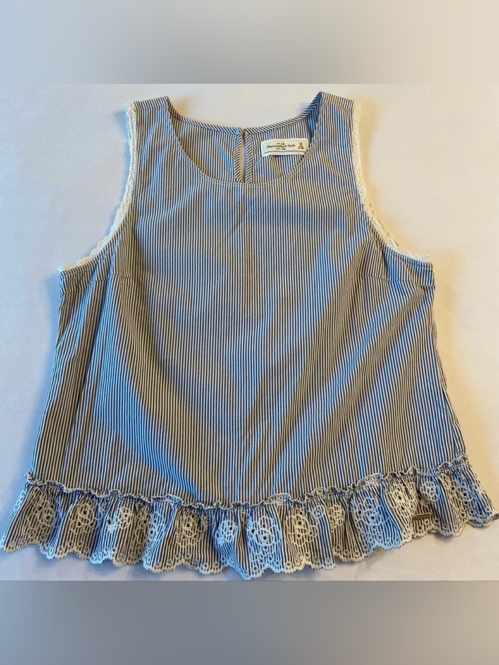 abercrombie & fitch banker stripe cotton tank w floral embroidered ruffle / sz m